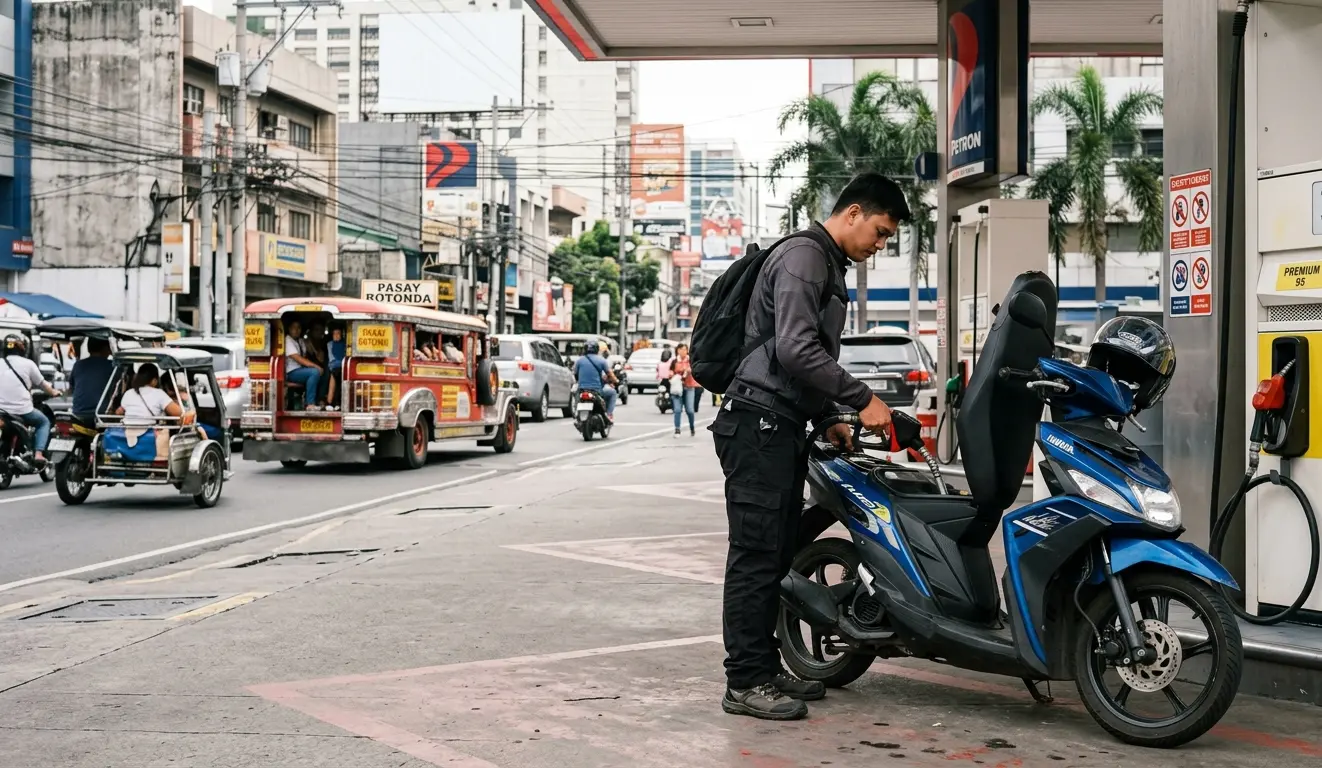 How to Save Fuel in Difficult Times: Essential Tips for Philippine Motorcycle Riders Motorcycle rider checking fuel gauge at gas station